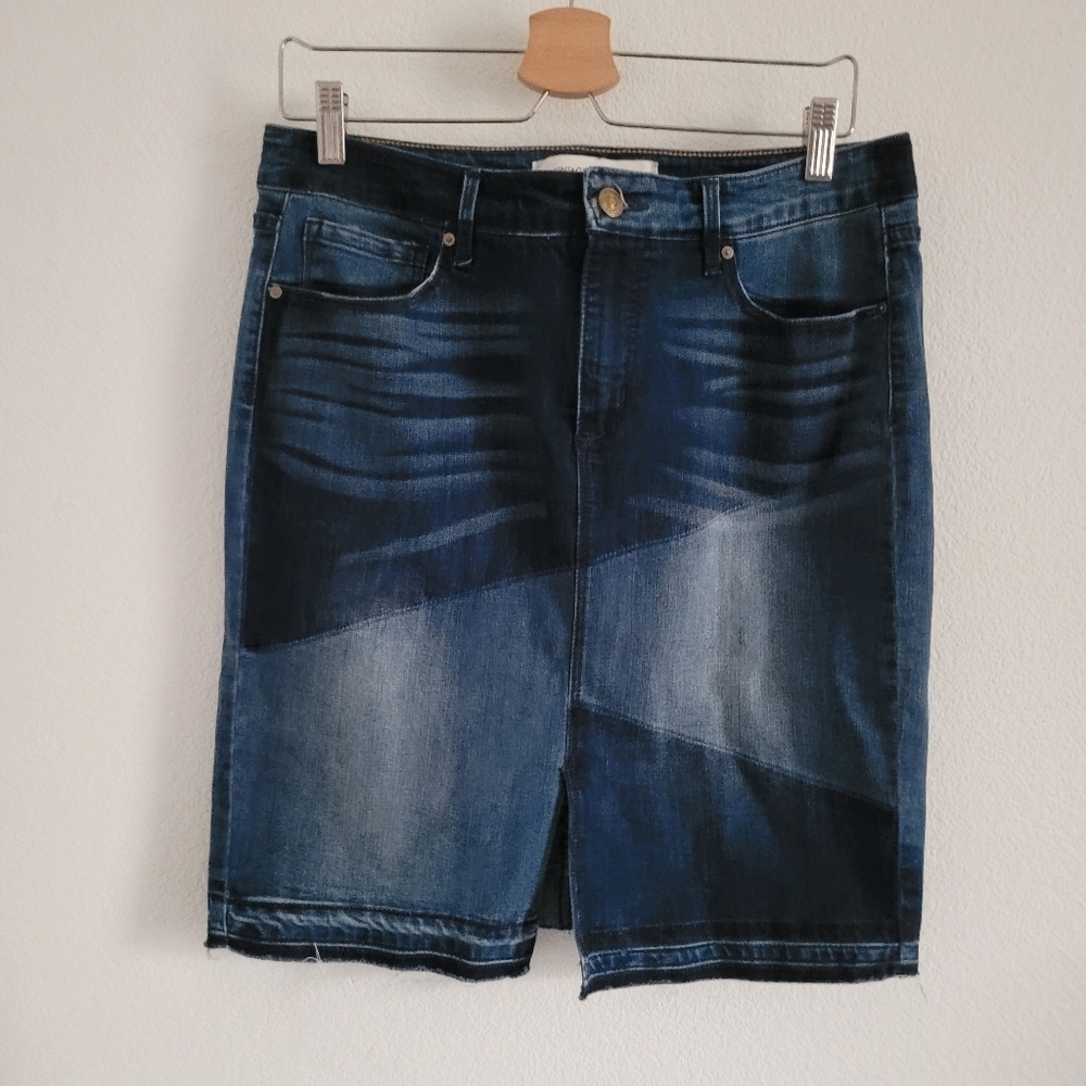 Vintage x America two-tone blue jean distressed front split skirt